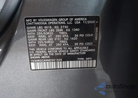 2021 Volkswagen Atlas 3.6L V6 Se W/Technology из США, поврежденный, VIN 1V2HR2CA5MC551925